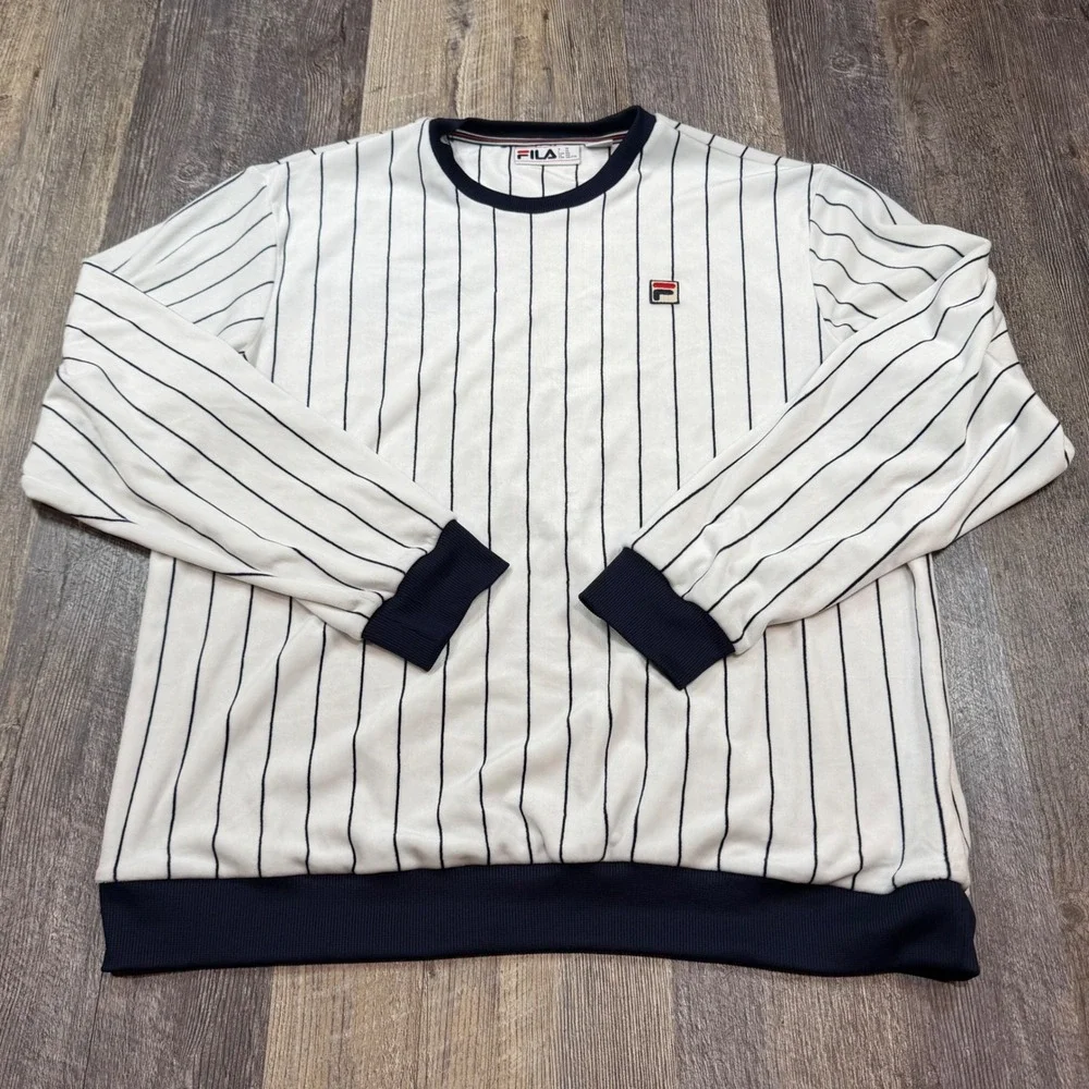 Fila Mens XXL Pinstripe Crewneck Sweatshirt White Navy Blue Fleece Soft Pullover